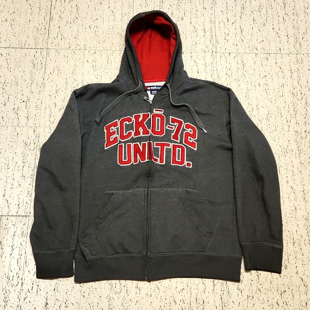 Ecko Unlimited Grey & Red Big Spell Out Logo Full Zip Hoodie Sweater Vintage Y2K